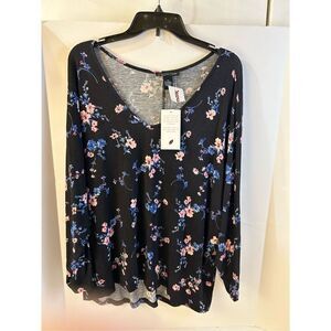 Joan Vass Woman’s Plus New York top shirt $58 rn #93178 Black Blue Flowers